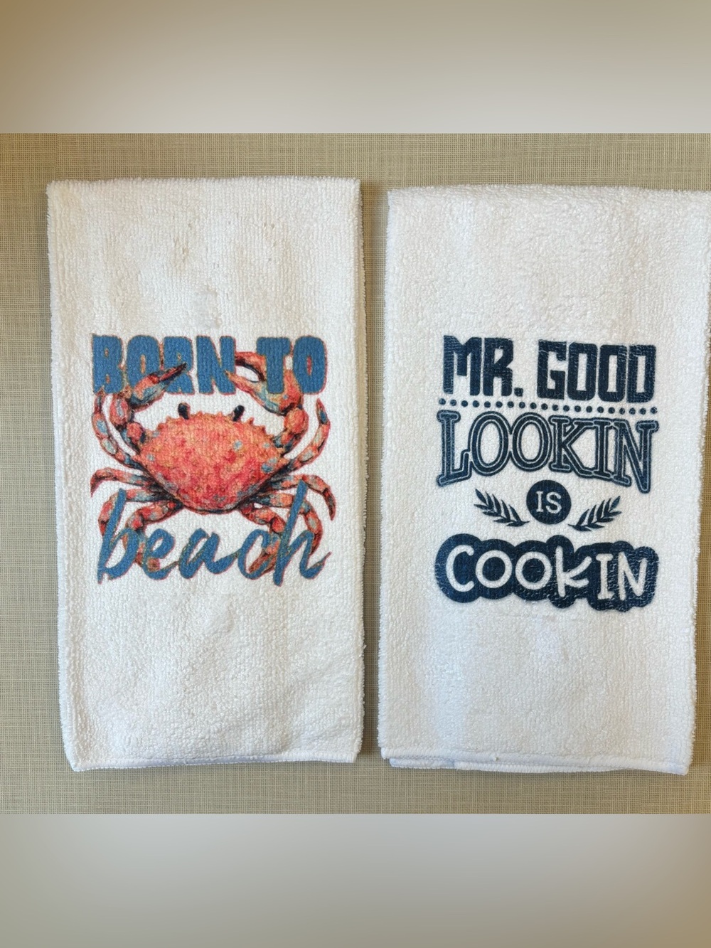 NEW Beach Crab & Mr. Good Lookin Kitchen Towels - White